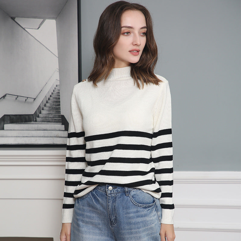 Women's Ribbed Fine Knit Striped Turtleneck Sweater — View 2