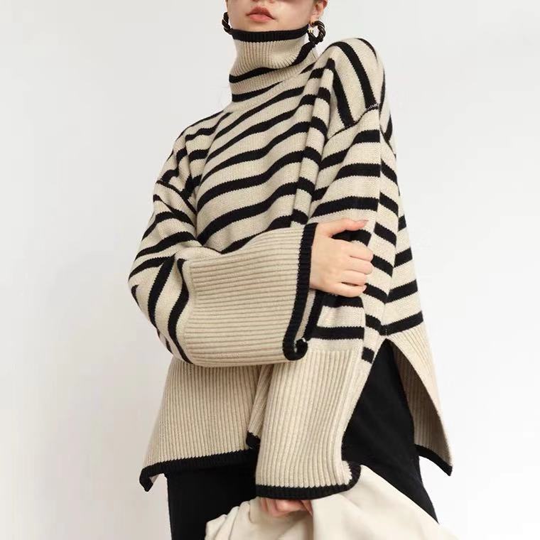 Women's Relaxed Fit Chunky Knit Striped Turtleneck Sweater — View 1