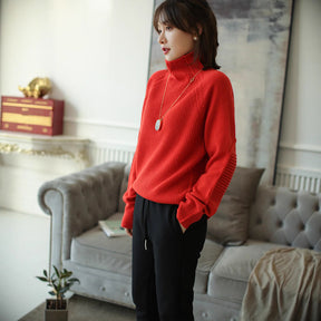Women's Ribbed Fine Knit Raglan Sleeve Turtleneck Sweater — View 4