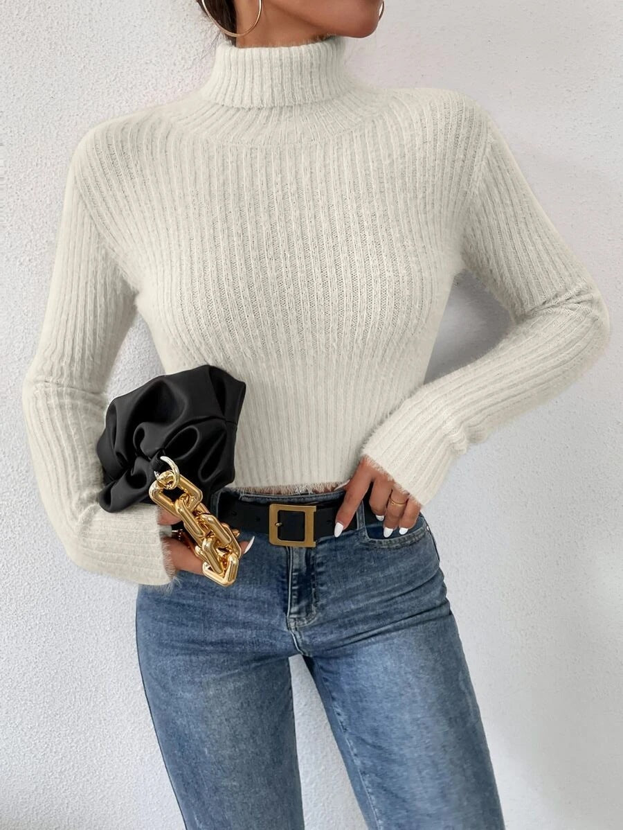 Women's Mohair Ribbed Cropped Turtleneck Sweater — View 10