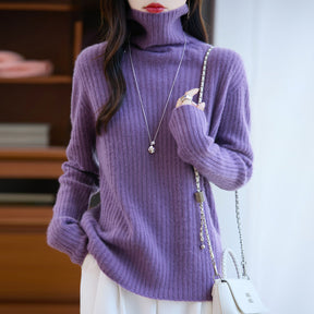Women's Cashmere Ribbed Fine Knit Turtleneck Sweater — View 10