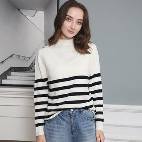 Women's Ribbed Fine Knit Striped Turtleneck Sweater — View 1