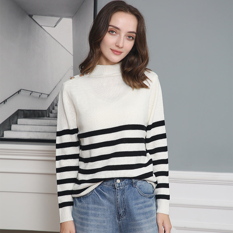 Women's Ribbed Fine Knit Striped Turtleneck Sweater — View 1