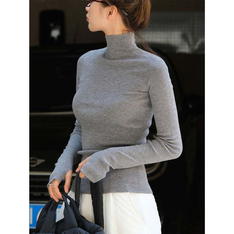 Women's Ribbed Fine Knit Thumbhole Turtleneck Sweater — View 1