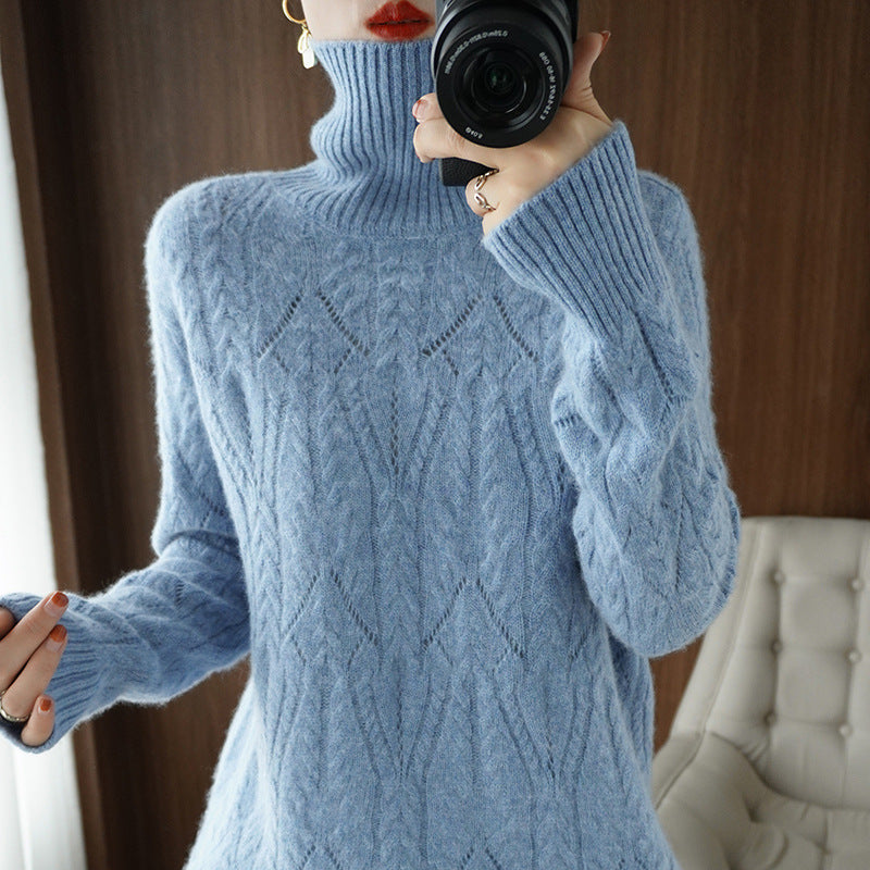 Women's Mohair Oversized Cable Knit Turtleneck Sweater — View 9