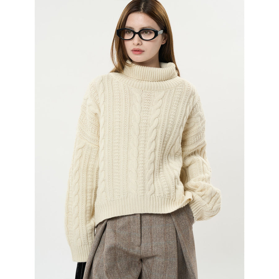 Women's Relaxed Fit Cable Knit Ribbed Turtleneck Sweater — View 2