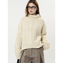 Women's Relaxed Fit Cable Knit Ribbed Turtleneck Sweater — View 2