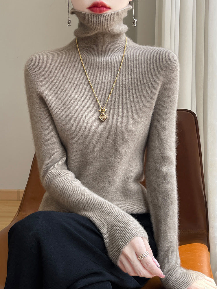 Women's Fitted Ribbed Fine Knit Turtleneck Sweater — View 2