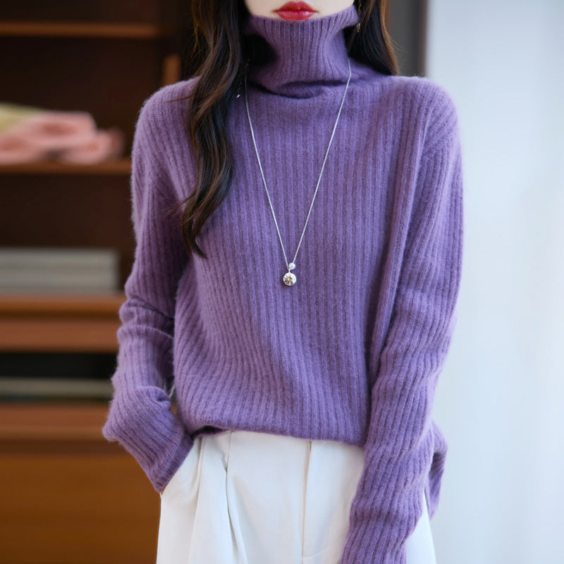 Women's Cashmere Ribbed Fine Knit Turtleneck Sweater — View 2