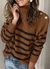 Women's Ribbed Fine Knit Striped Turtleneck Sweater — View 6