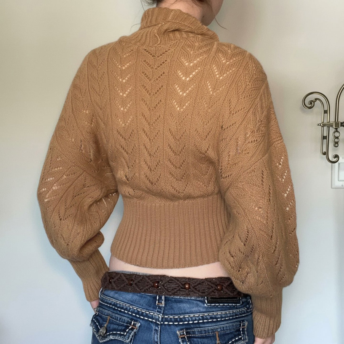 Women's Ribbed Balloon Sleeve Button Detail Turtleneck Sweater — View 4