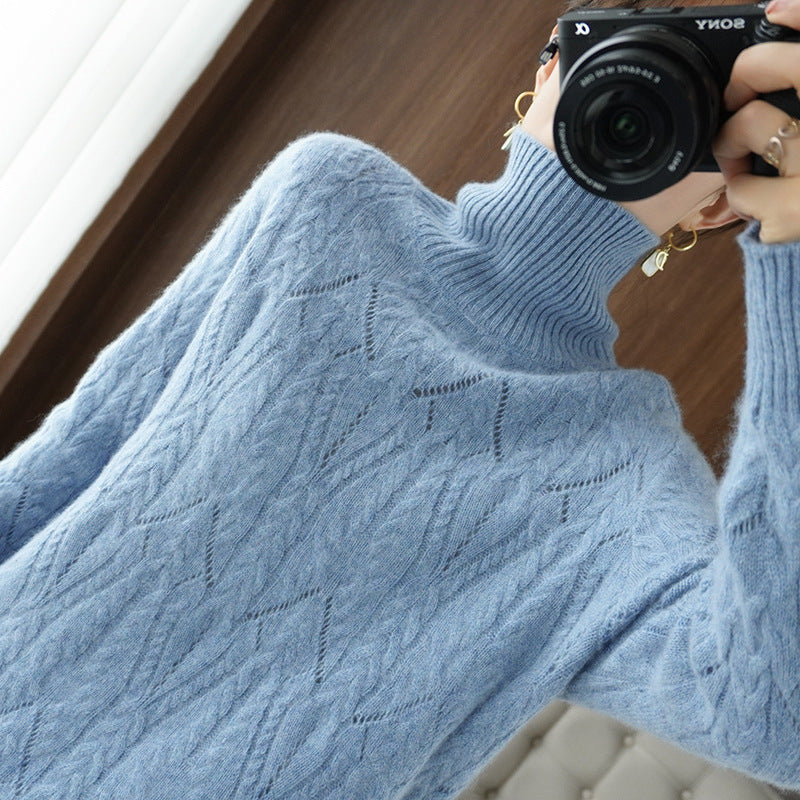 Women's Mohair Oversized Cable Knit Turtleneck Sweater — View 2