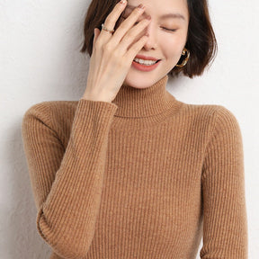 Women's Fitted Ribbed Fine Knit Turtleneck Sweater — View 2