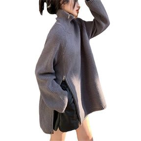 Women's Oversized Ribbed Zip Front Turtleneck Sweater — View 5
