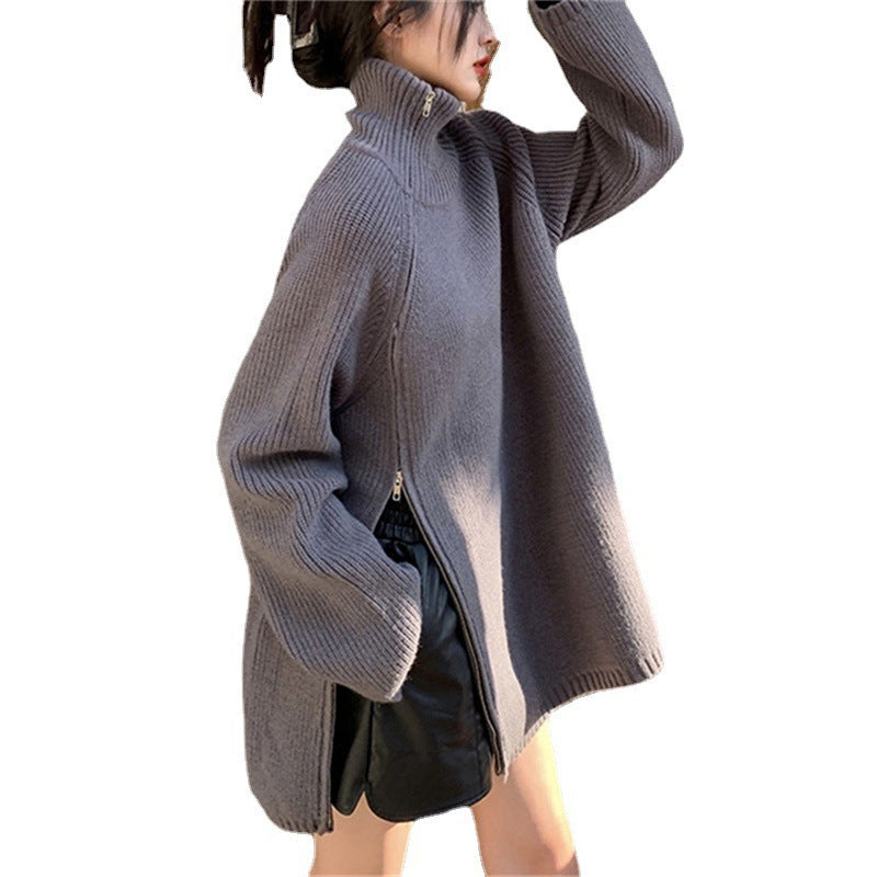 Women's Oversized Ribbed Zip Front Turtleneck Sweater — View 5