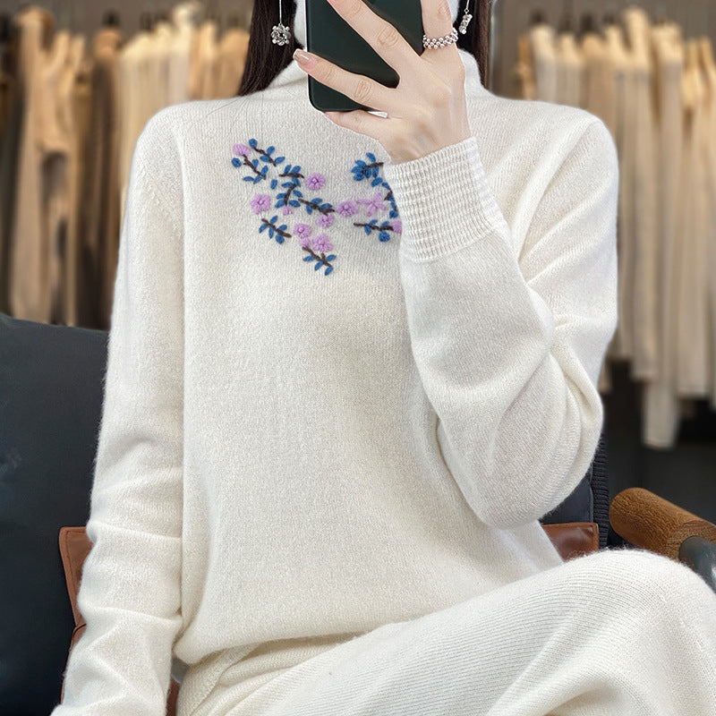 Women's Ribbed Fine Knit Floral Turtleneck Sweater — View 2