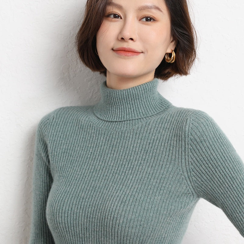 Women's Fitted Ribbed Fine Knit Turtleneck Sweater — View 1