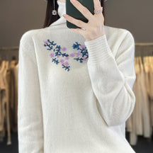 Women's Ribbed Fine Knit Floral Turtleneck Sweater — View 10