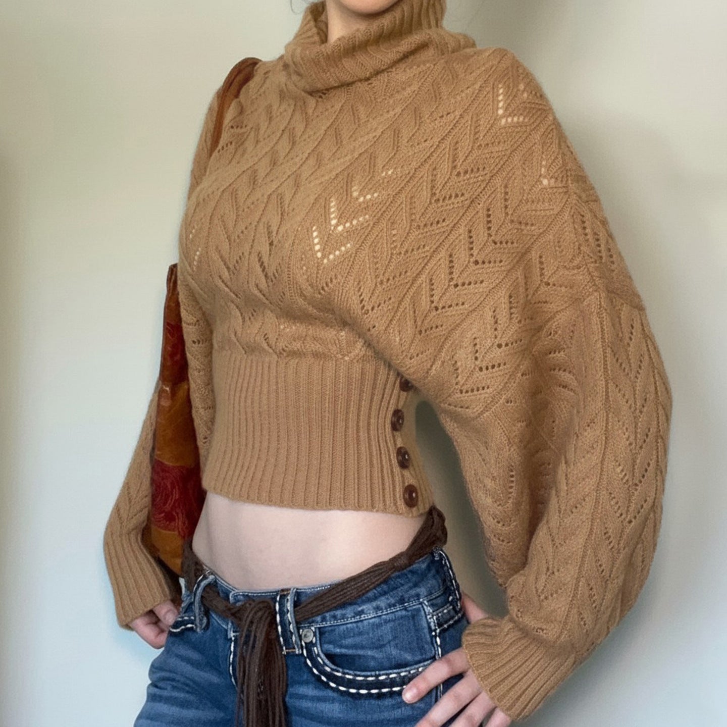 Women's Ribbed Balloon Sleeve Button Detail Turtleneck Sweater — View 3