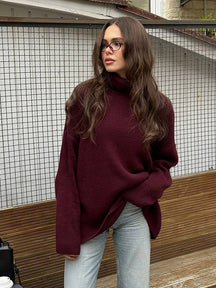 Women's Oversized Ribbed Drop Shoulder Turtleneck Sweater — View 11