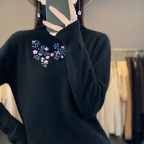 Women's Ribbed Fine Knit Floral Turtleneck Sweater — View 8