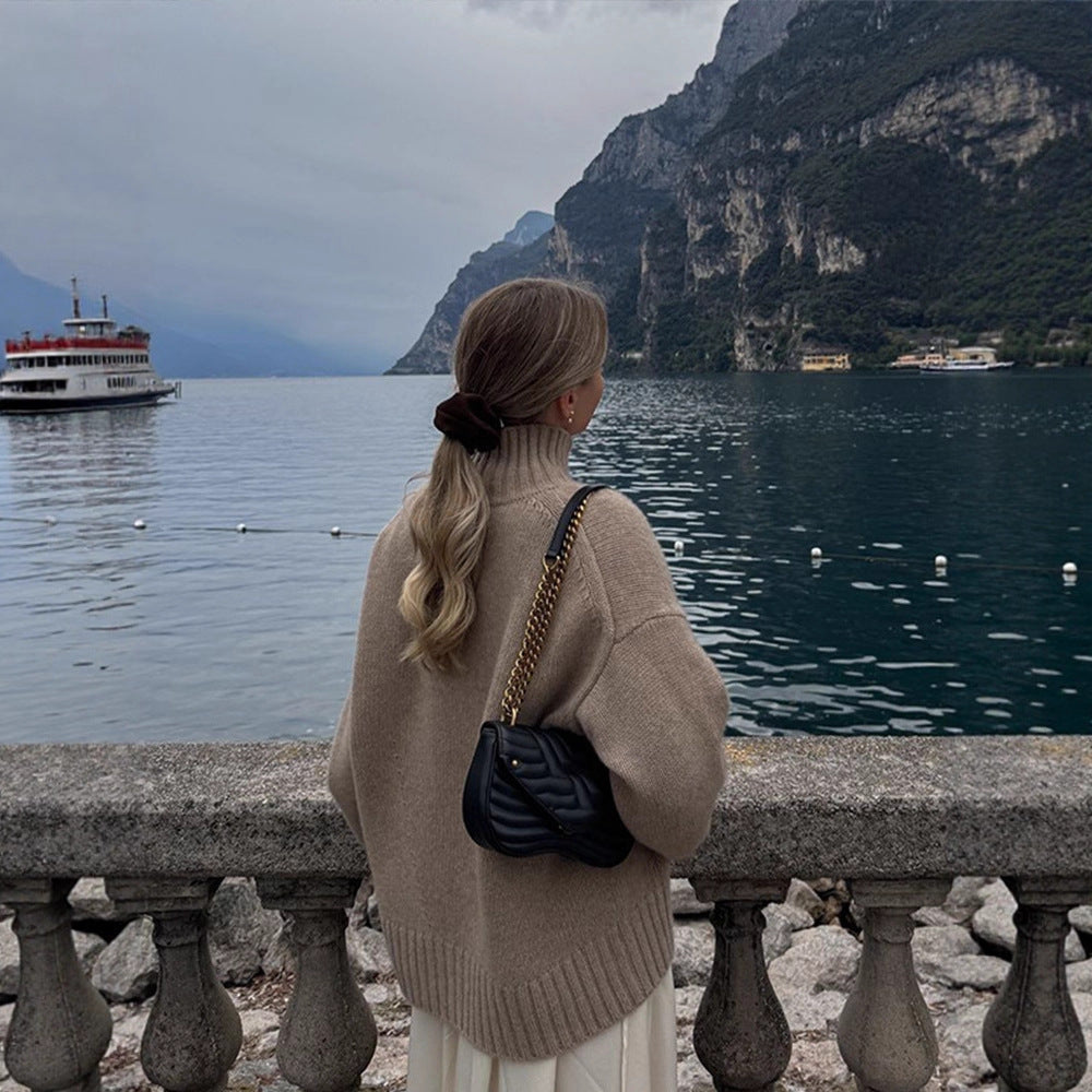 Women's Oversized Ribbed Fine Knit Turtleneck Sweater — View 4