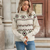 Women's Cable Knit Ribbed Fair Isle Turtleneck Sweater — View 6