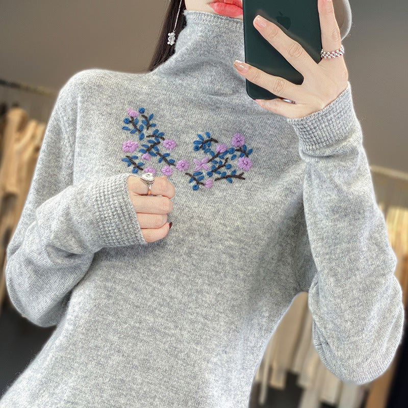 Women's Ribbed Fine Knit Floral Turtleneck Sweater — View 1