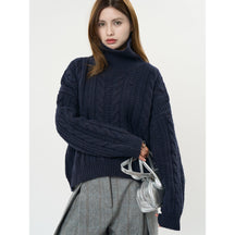 Women's Relaxed Fit Cable Knit Ribbed Turtleneck Sweater — View 1