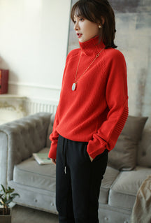 Women's Ribbed Fine Knit Raglan Sleeve Turtleneck Sweater — View 9