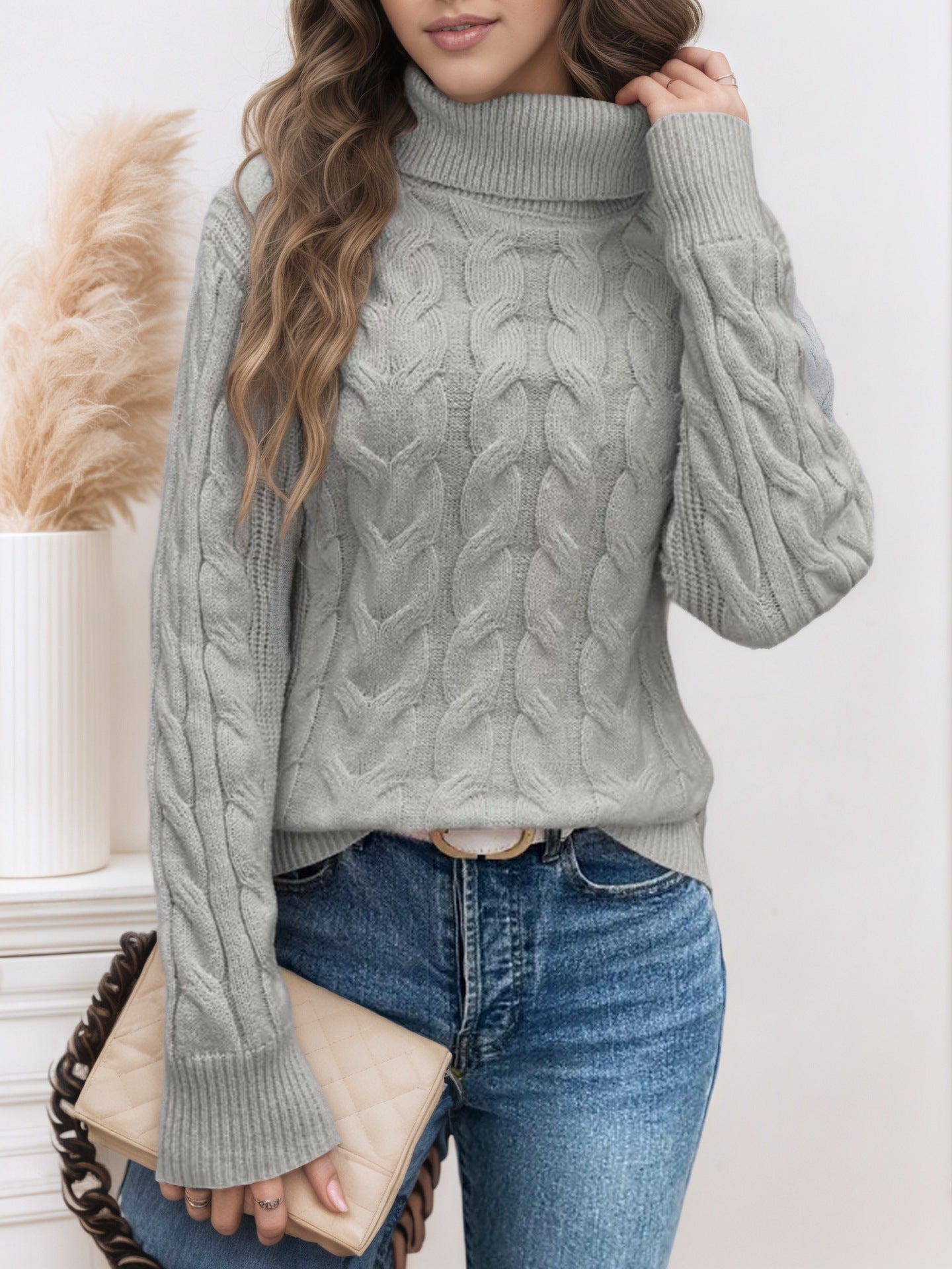 Women's Cable Knit Textured Turtleneck Sweater — View 8