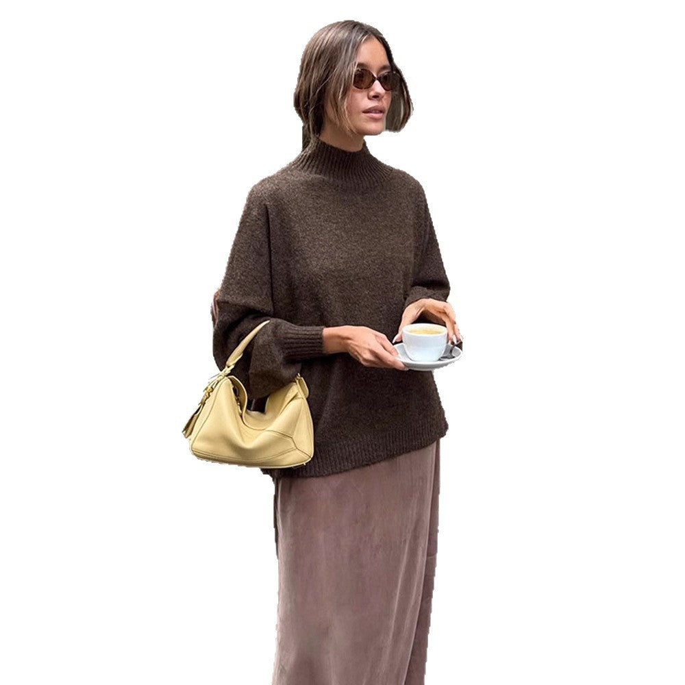 Women's Oversized Ribbed Balloon Sleeve Turtleneck Sweater — View 5