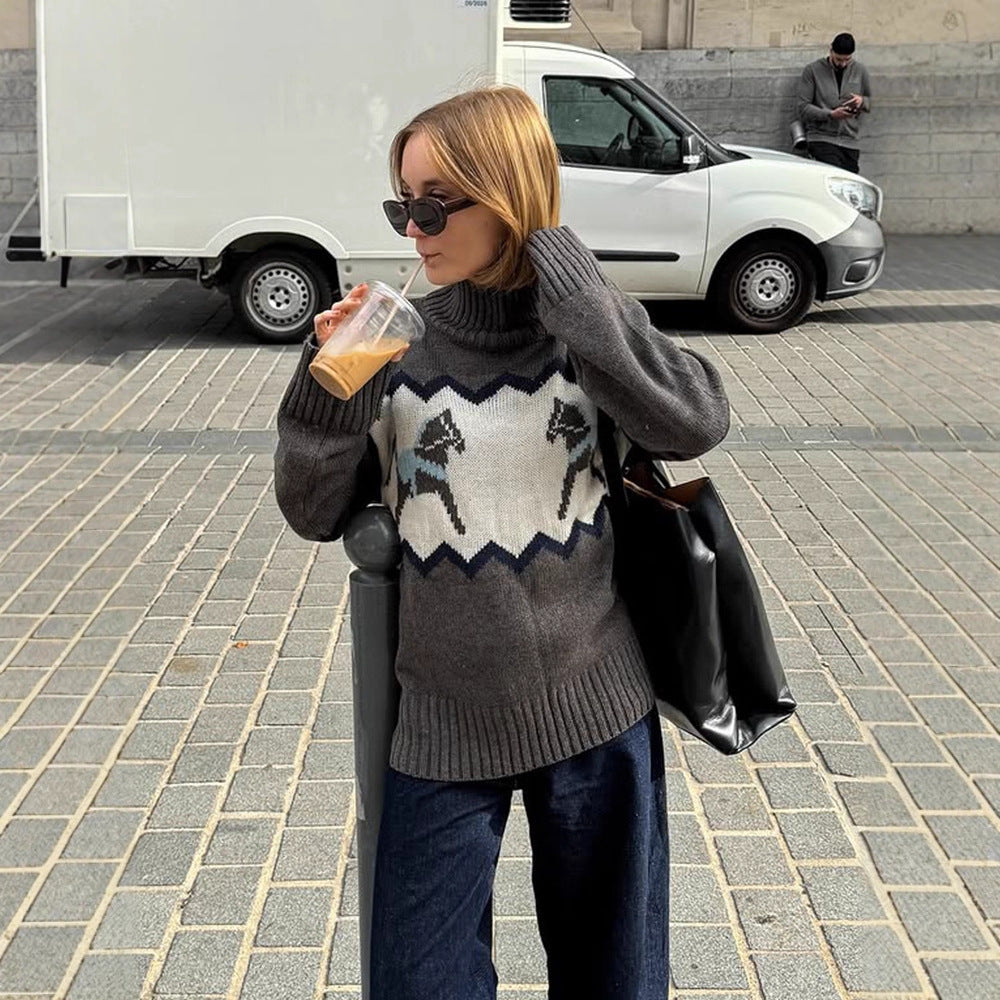 Women's Oversized Ribbed Fair Isle Turtleneck Sweater — View 3
