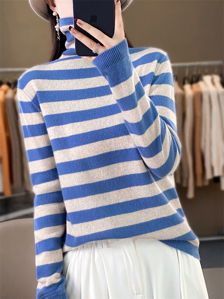 Women's Wool Blend Ribbed Striped Turtleneck Sweater — View 2