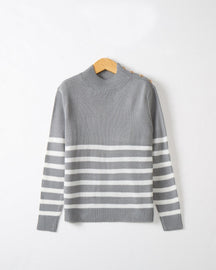 Women's Ribbed Fine Knit Striped Turtleneck Sweater — View 7