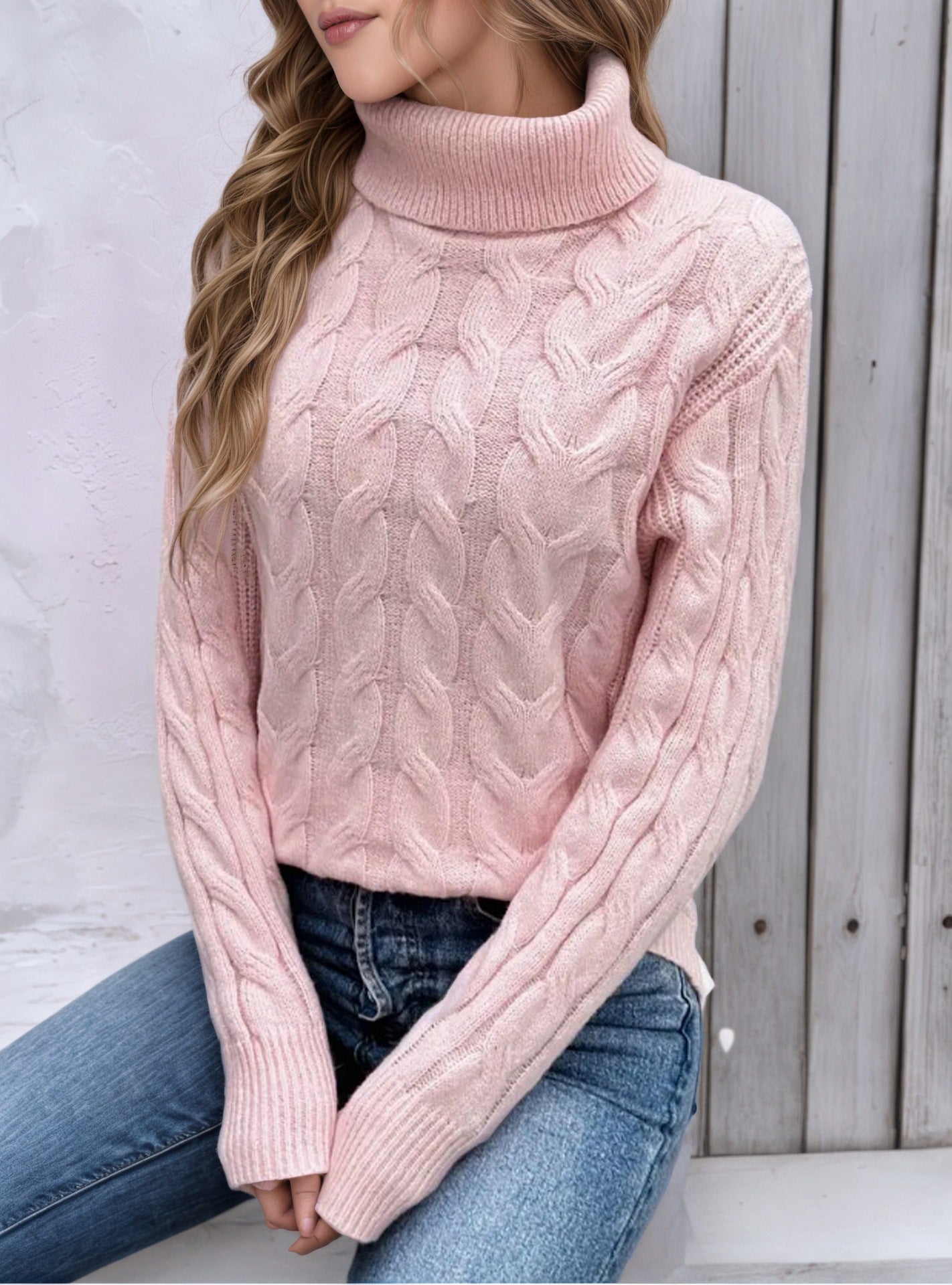 Women's Cable Knit Textured Turtleneck Sweater — View 7