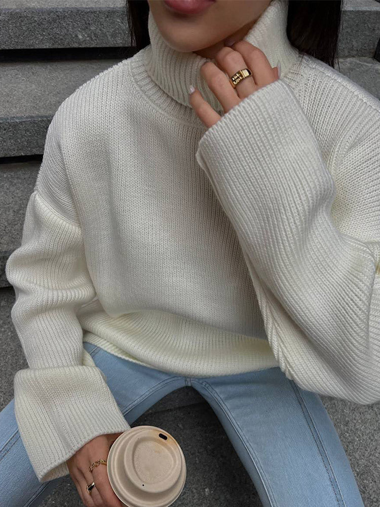 Women's Oversized Ribbed Drop Shoulder Turtleneck Sweater — View 10