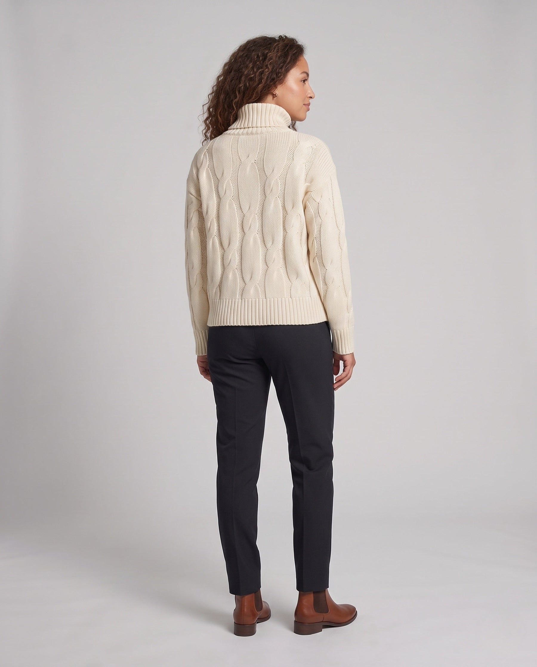 Women's Cable Knit Ribbed Fine Knit Turtleneck Sweater — View 4