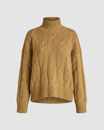Women's Cable Knit Ribbed Fine Knit Turtleneck Sweater — View 7