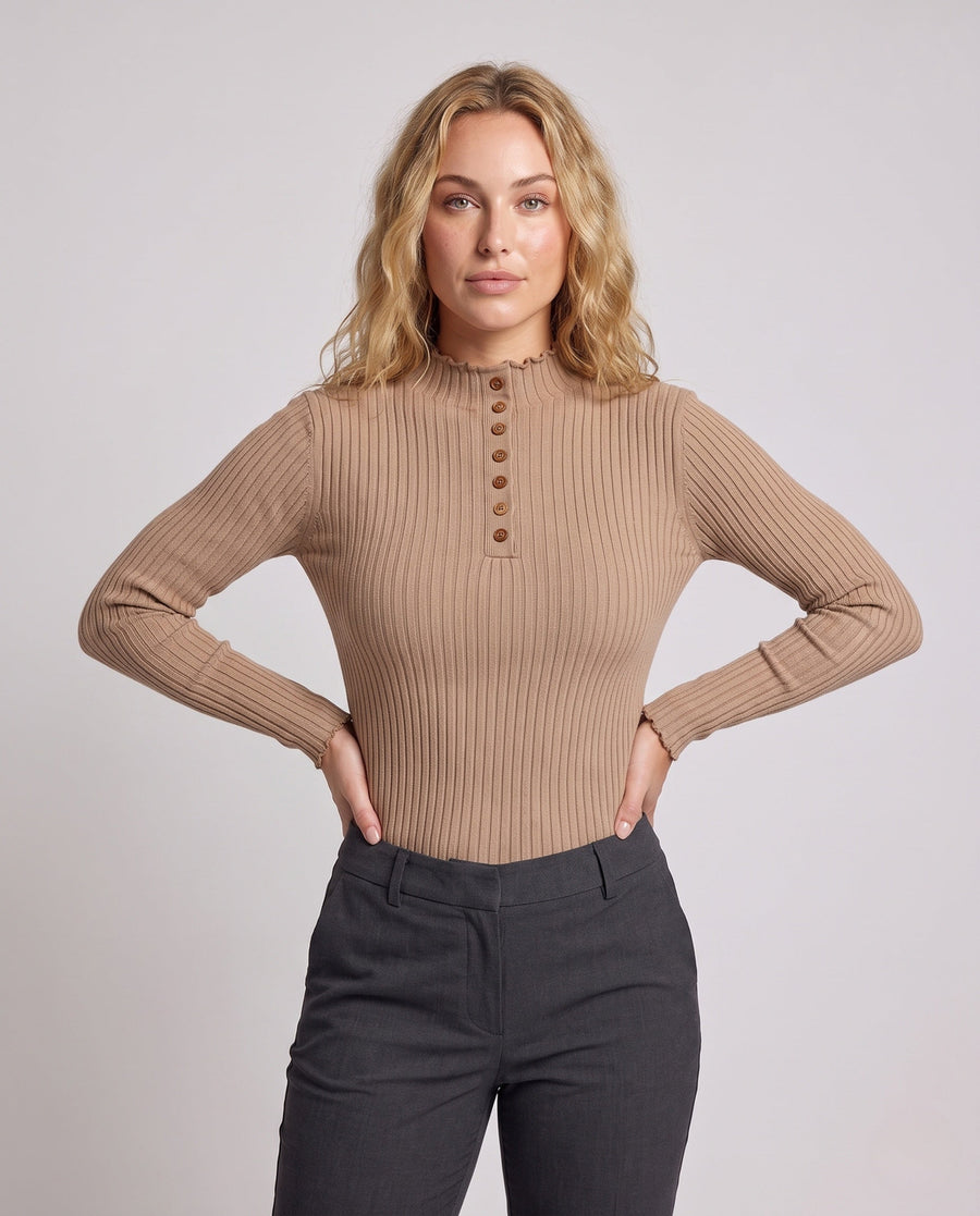 Women's Ribbed Fine Knit Button Detail Turtleneck Sweater — View 2