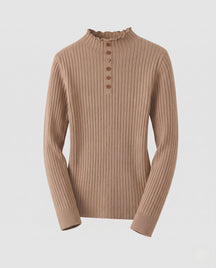Women's Ribbed Fine Knit Button Detail Turtleneck Sweater — View 6