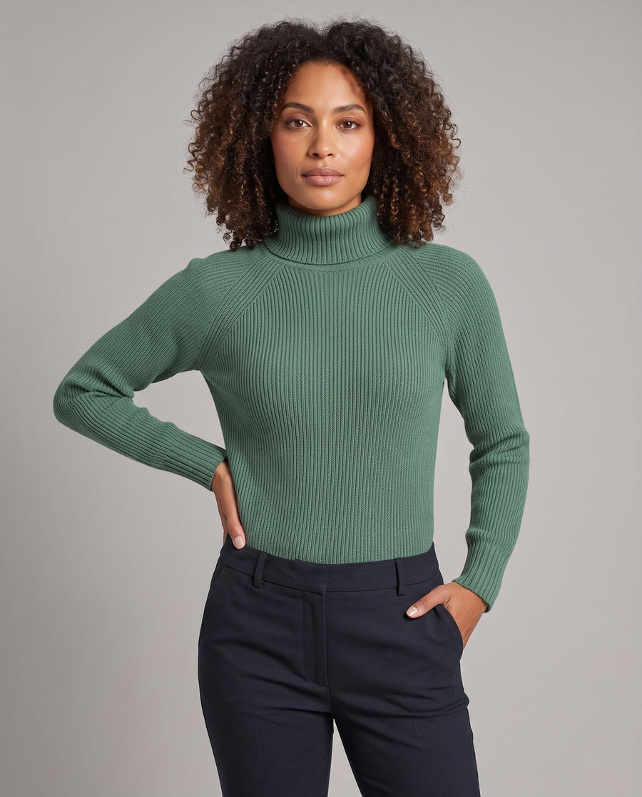 Women's Ribbed Fine Knit Raglan Sleeve Turtleneck Sweater — View 2
