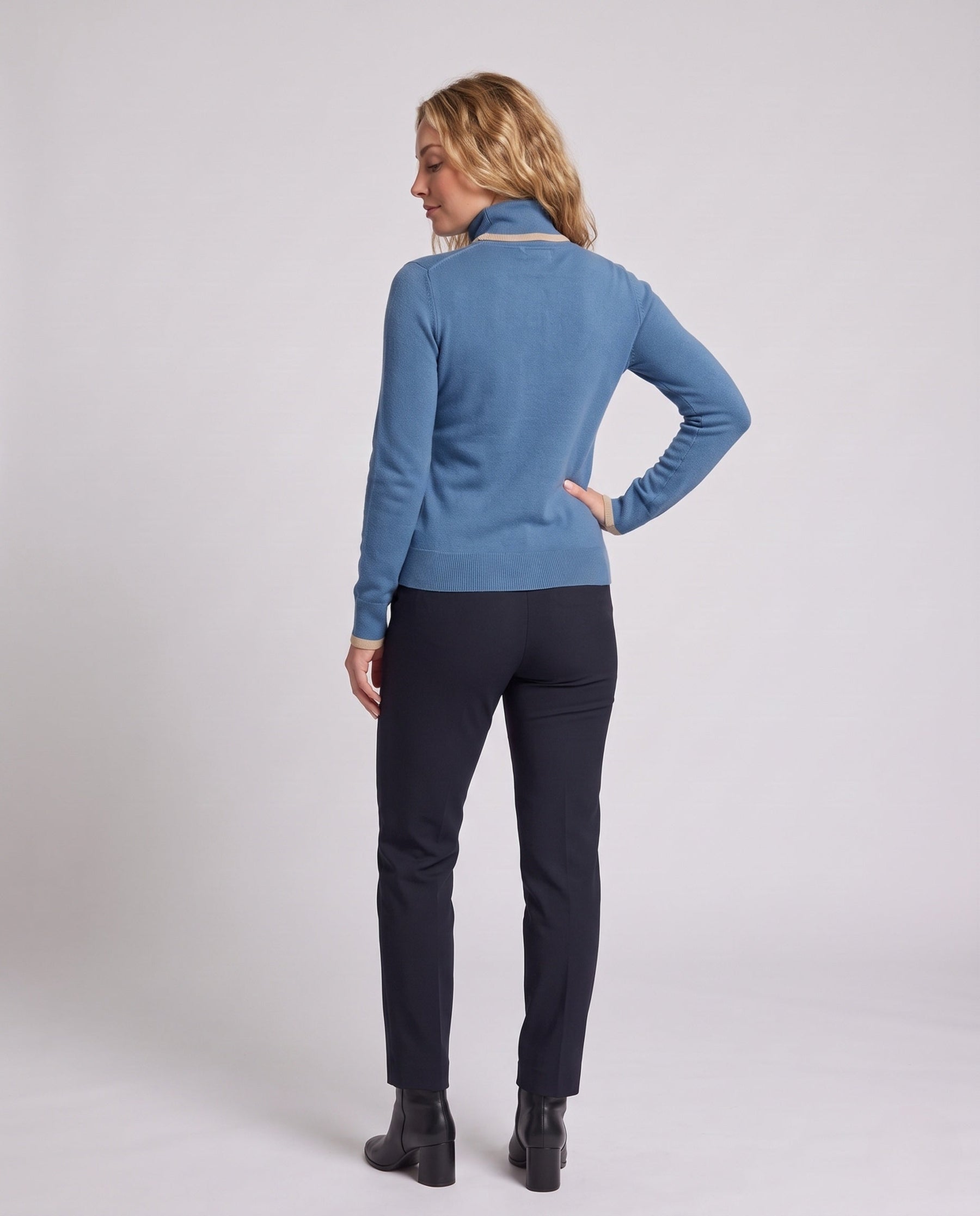 Women's Cashmere Fine Knit Colorblock Turtleneck Sweater — View 4