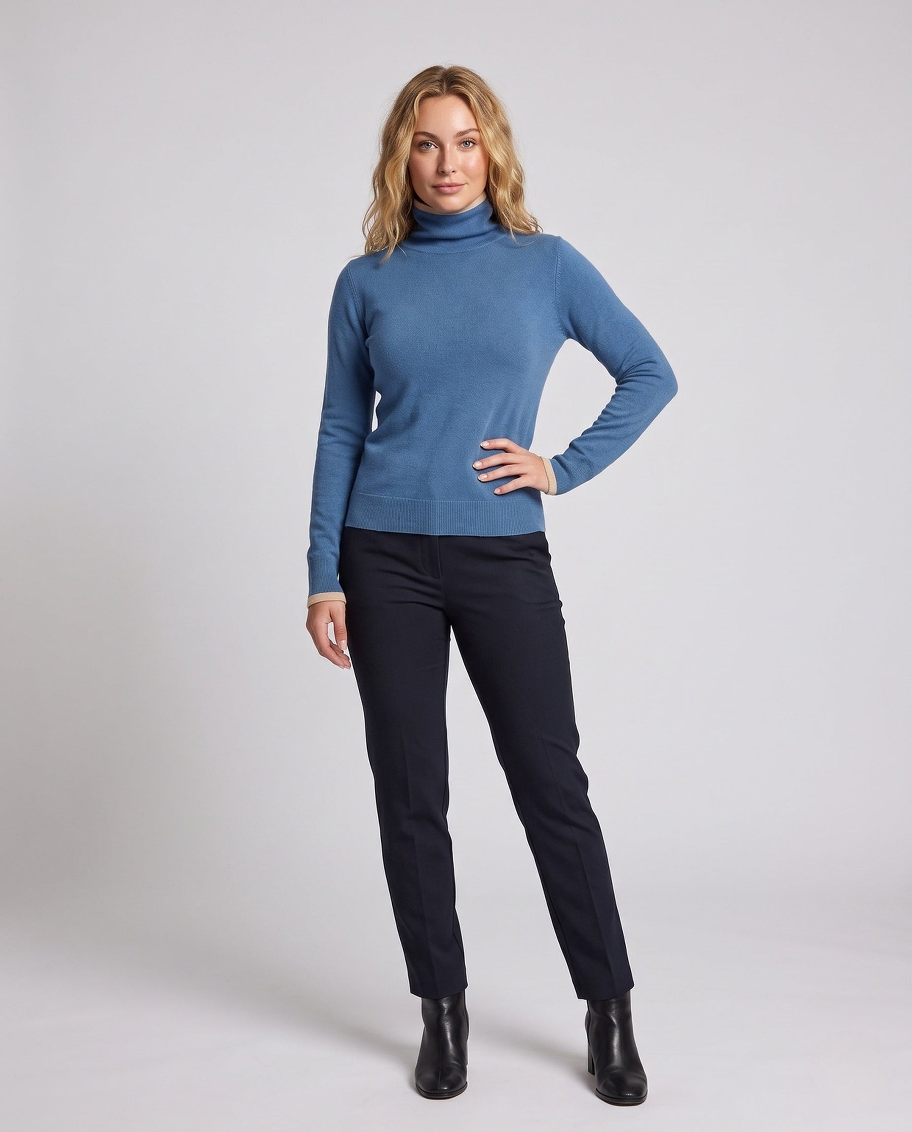 Women's Cashmere Fine Knit Colorblock Turtleneck Sweater — View 1