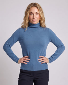 Women's Cashmere Fine Knit Colorblock Turtleneck Sweater — View 2