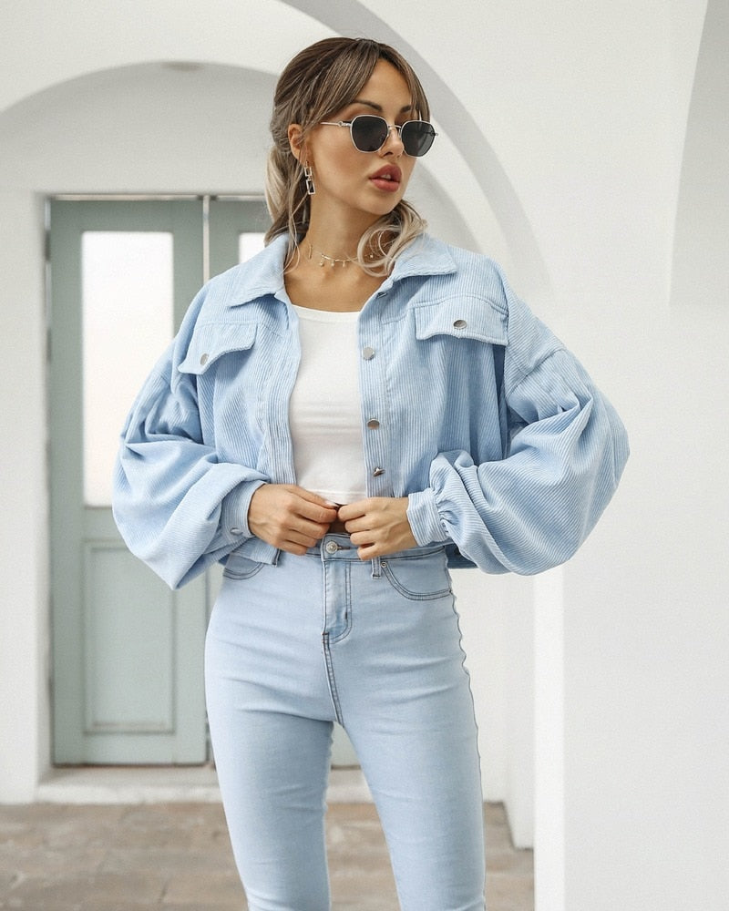 Women's Corduroy Lantern Sleeve Short Jacket — View 10
