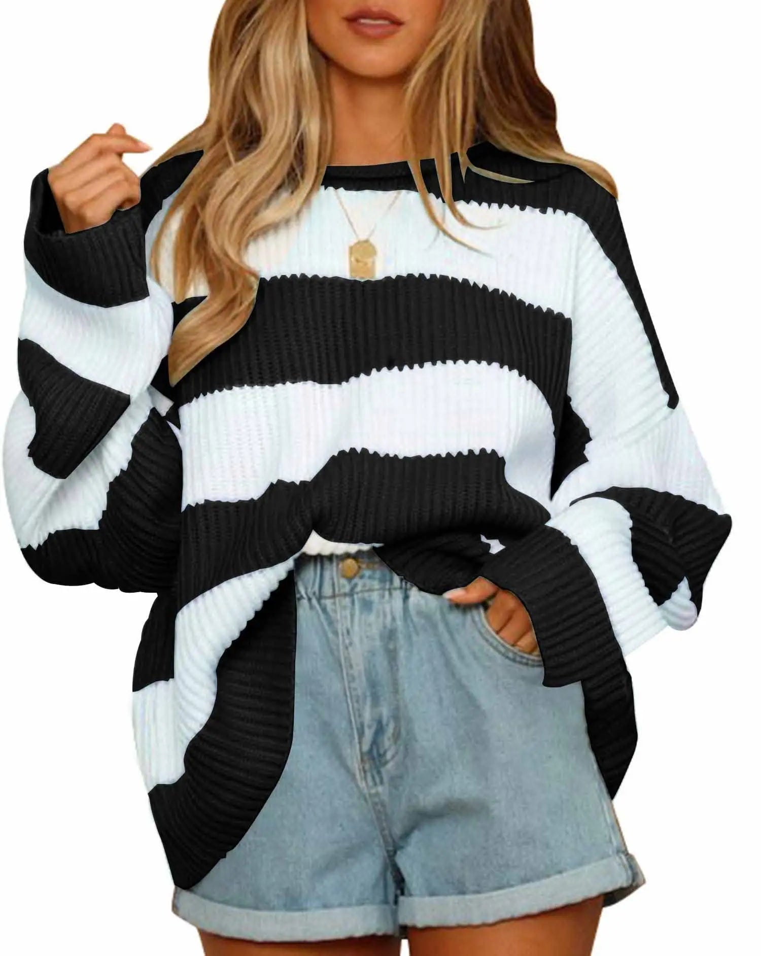 Women's Striped Long Sleeve Turtleneck Sweater — View 4