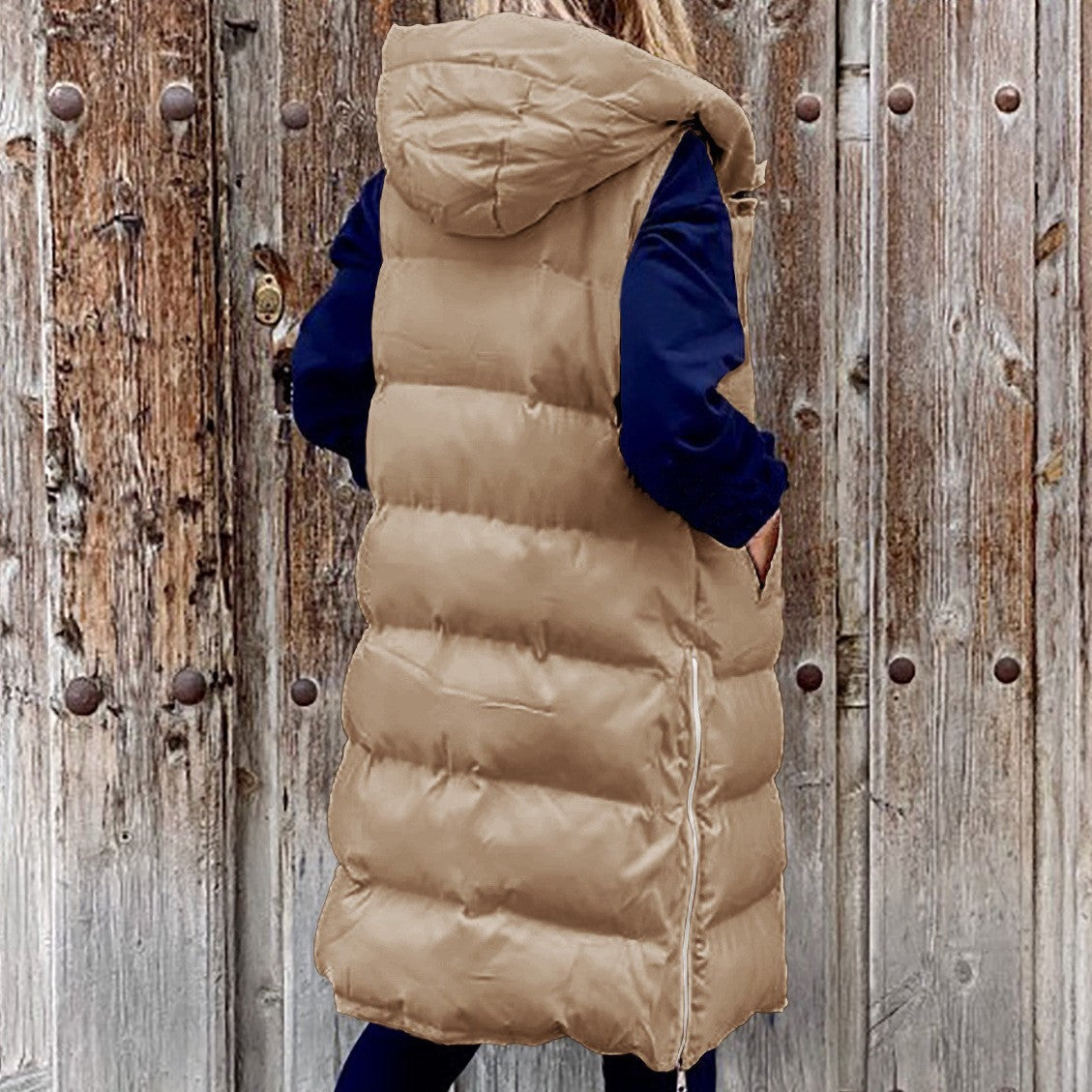 Women's Single Breasted Hooded Longline Vest — View 12