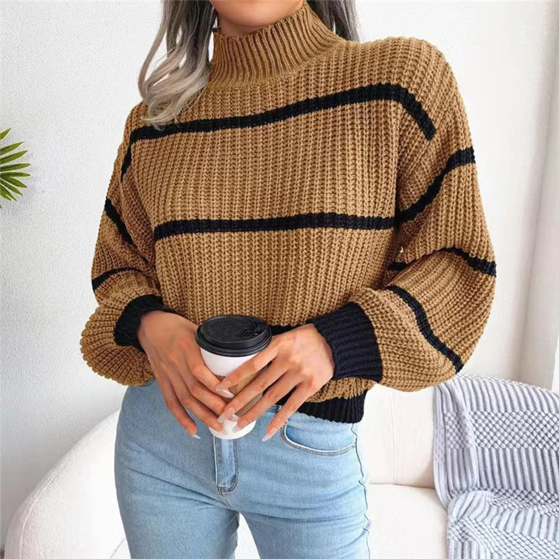 Women's Fine Knit Striped Turtleneck Sweater — View 2