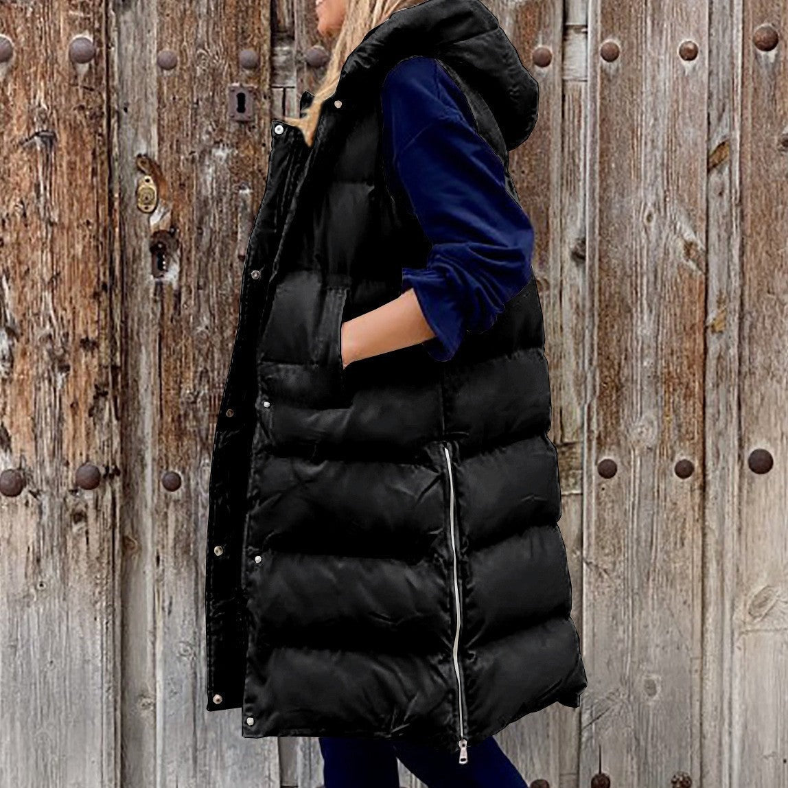 Women's Single Breasted Hooded Longline Vest — View 9